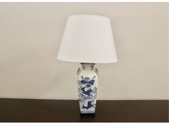 Blue And White Porcelain Lamp  Adorned With Frogs And Koi Fish