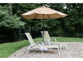 Set Of Two Telescope Casual Primera Sling Aluminum Stackable Chaise Lounge Chairs  + Umbrella With Cast Iron Base - PURCHASED FOR $2,290