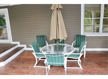 Winston Outdoor Furniture Forest Green And Round White Table, Six Chairs And Umbrella Patio Set