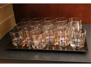 16 Pineapple Whiskey Tumbler Glasses And A Couroc Of Monterey California Tray With Two Cats