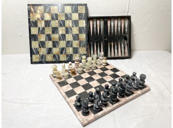 Marble Chess Set Lot With Two Chess Boards And A Backgammon  Board