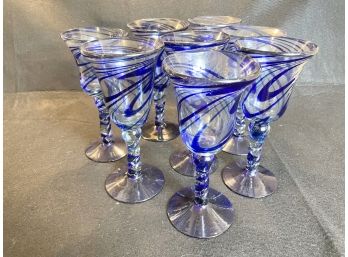 Set Of 8 Blue Swirl Wine Goblets