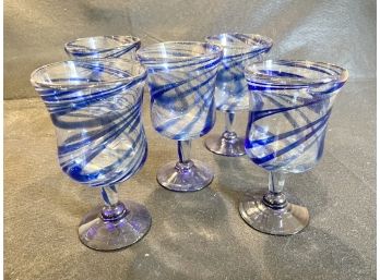 Set Of Five Blown Glass Wine Goblets