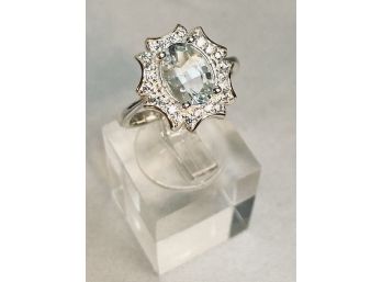 925 Sterling Silver 18 Carat Pakistan Aquamarine And Cubic Zircon Ladies Ring - Size 6.75