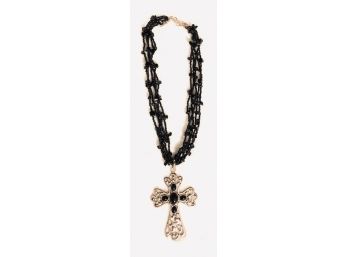 Silver Tone And Black Cabochon Stone Religious Cross-style Pendant Necklace On Multi-strand Necklace