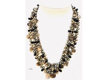 Genuine Baroque Gray Pearl And Smoked Quartz Triple-strand Necklace