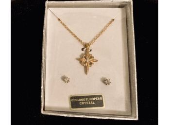 European Crystal - New OID Stock - Religious Cross And Pierced Earring Set. NIB.