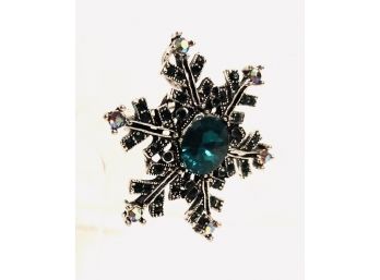 Large Faux Emerald, Jet, And A.B. Rhinestone Snowflake Brooch (B)