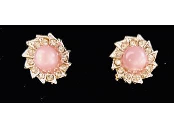 Pink Thermoset Lucite And Rhinestone Costume Clip Earrings