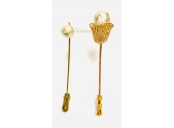 Pair Of Vintage Gold Tone And Faux Pearl Stick Pins/Straight Pins