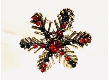 Lovely Gold Tone And Sparkling Red Rhinestone Snowflake Brooch (F)