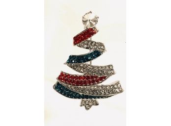 Holiday Red And Green 'ribbon' Christmas Tree Brooch (A)