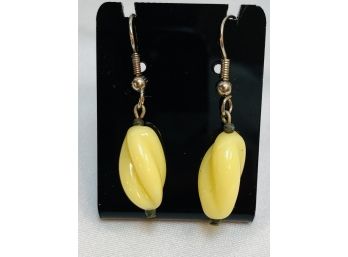 Adorable Custard Colored Carved Glass Drop Earrings