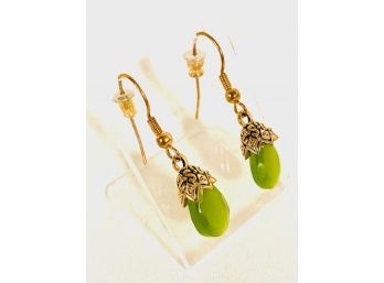 Gorgeous Gold Tone And Green Moonstone Drop Earrings