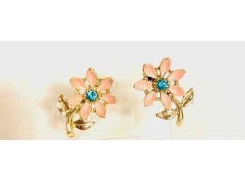 Gold Tone And Rhinestone Floral Earrings