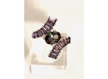 Sensational Ladies 925 Sterling Silver Ring With Synthetic Amethyst And Mystic Topaz - Size 7