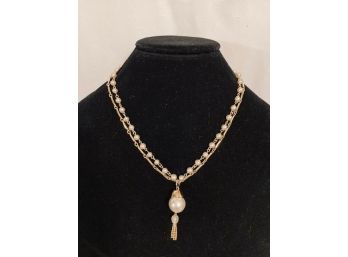 Vintage Gold Tone And Faux Pearl Dual-strand Pendant Necklace