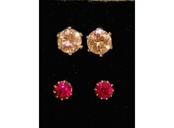 Two Pairs Of Pink Stone Stud Earrings