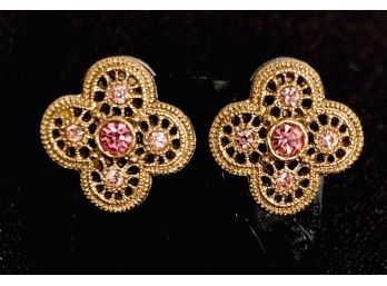 Beautiful Gold Tone And Pink Stone Geometrically Circular Earring Set