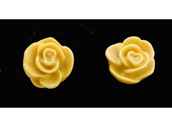 Vintage Mid-century Mustard Bakelite Carved Rose Earrings