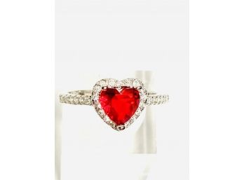 Ladies 925 Sterling Silver Size 7 Ring With Heart-shaped Red Stone