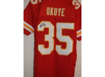 Signed Kansas City Chiefs HOFer Christian 'Nigerian Nightmare' Okoye Football Jersey With JSA COA