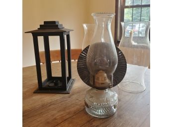 Vintage Lighting Lot - Eagle Glass Oil Lamp, 2  Tall Glass Chimney Shades & A Metal Candle Lantern Tower