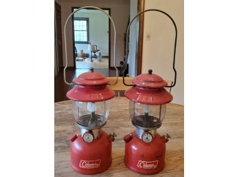 Two Vintage Red Coleman Camping - Hiking Lanterns Model 200 A Single Mantels