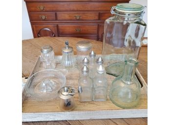 Treasure Lot Of Useful Kitchen Glass Items On A Lovely Grained Wood Tray