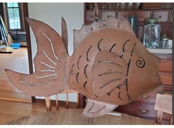 Vintage Hanging Pierced Metal Fish Candleholder  Artwork