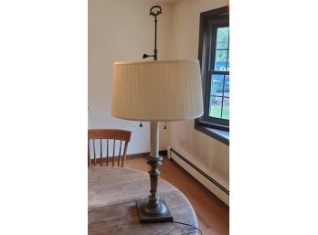 Beautiful Brass & White Candlestick With Turned Disc Lower Brass Pedestal Two- Light & Silk Shade WORKS!