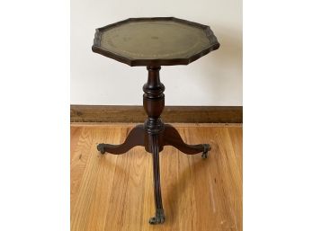 Antique Green Leather Topped Duncan Phyfe Table 3- Legged Stand With Metal Claw Feet, Casters& Turned Pedestal