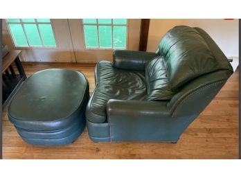 Ethan Allen Genuine Top Grain Leather Reclining Green Chair With Ottoman