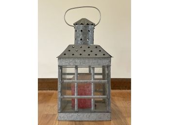 Large Tin And Glass Hurricane Lamp