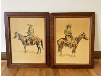 Pair Of Vintage Cowboy On Horseback Print Portraits