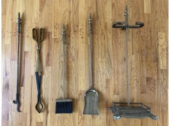 Vintage Heavy Duty Brass And Iron Fireplace Tools Set