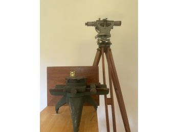 Vintage Keuffel & Esser Transit Level Surveyor Scope Antique With Original Wood Case, Tripod & Table Stand !!!