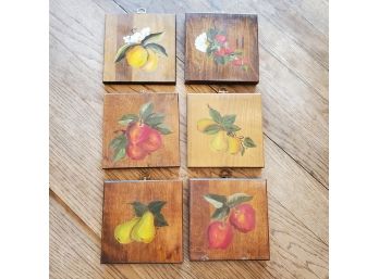 Six 1960s Hand- Painted Fresh Fruit Paintings On Country Wood Plaques