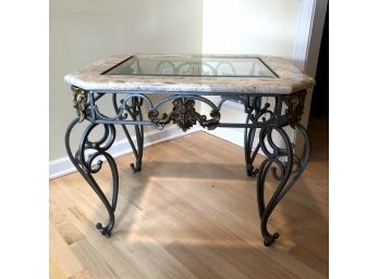 Heavy Glass Top Side Table, Stone And Wrought Iron