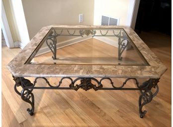 Heavy Square Glass Top Coffee Table, Stone And Wrought Iron