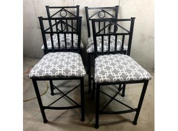 Set Of 4 Black Metal Bar Stools With Custom Upholstery