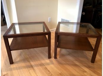 MCM Style Pair Of Wood And Glass Top Side Tables - 2 Pieces