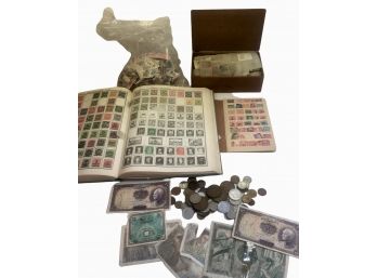 Group Of Vintage Stamps, Coins & Currency From Around The World.