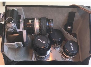 Nikon F With Leather Case And (4) Lenses