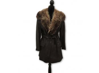 DAN DI MODES -  Vintage Leather W/ Fur Collar Belted Coat
