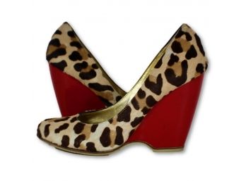 GIUSEPPE ZANOTTI Leopard Print Calf Hair Red Patent Wedge Heel Pumps (Retail: $1,145.00)