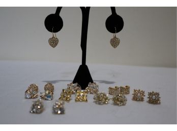 Gold Tone And Rhinestone Pierced Earring Lot (9 Pair)