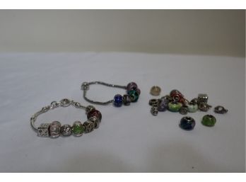 Silver Tone And Glass Bead Charm Bracelets (2) With Extra Silver Tone And Glass Charms