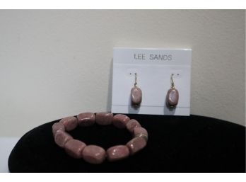 Lee Sands Pink Stones Stretch Bracelet With Gold Tone Posts And Pink Stone Earrings