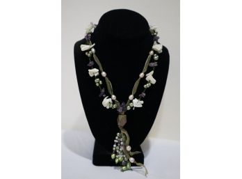 Pearl, Mother Of Pearl, And Green Center Stone On Ribbon With Toggle Clasp Necklace